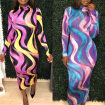Hot Style Colour Print Half High-neck Long Sleeves Slim Dress