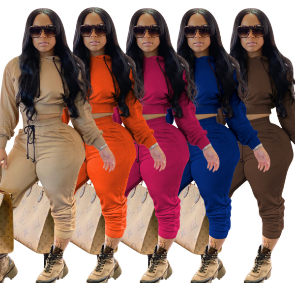 Cropped Hoodies Elastic Waist Jogger Pants Solid Tracksuits