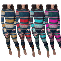 Women's Striped Print Long Sleeve High Waist Jumpsuit
