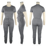 Short Sleeve Cotton Tops And Folds Sport Long Pants Two Pieces Set