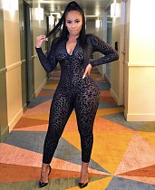 Black Mesh Perspective Full Sleeves Bodycon Long Jumpsuit