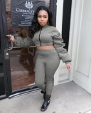 Solid Color Stacked Sleeves Zip Crop Top Leggings 2 Piece Outfit