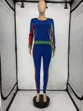 Women's Color Block Long Sleeve Top Skinny Pants 2 Piece Outfit