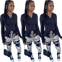 Solid Color Long Sleeve Zipper Top Printed Pencil Pants Outfit