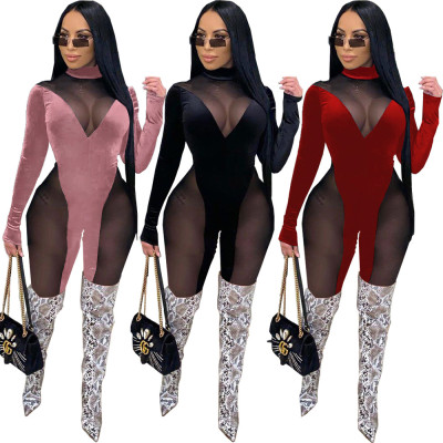 Sexy Mesh Perspective Splice Long Sleeve Long Jumpsuit