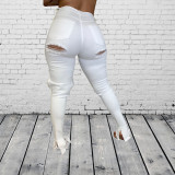 Elastic Cloth White Knee Hole Rippen Split Trouser Leg Jeans