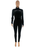 Lucky Label Embroidery Ribbed Turtleneck Crop Top Legging Set