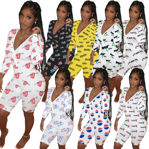 Women Pjamas Set Long Sleeve Print V-neck Bodycorn Onesies