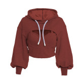 Sexy Solid Color Hooded Long-sleeved Hollow Sweater