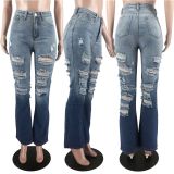 Women's Solid Color Mid-waisted Ripped Micro-flared Jeans