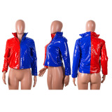 Contrast Color Glossy PU Leather Puffer Thick Bubble Coat