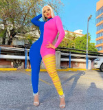 XS Stylish Contrast Color Long Sleeves Zip-up Sport Jumpsuit