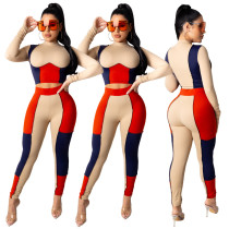 Color Block Stitching Long Sleeve Crop Top Bodycon Pants Outfit