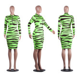 Zebra Print Long-sleeved Zipper Collar Bodycon Midi Dress