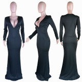 Elegant Solid Deep V-neck Long Sleeve Bodycon Slim Dresses