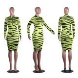 Zebra Print Long-sleeved Zipper Collar Bodycon Midi Dress