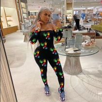 Sexy Print Off-shoulder Long Sleeve Mid-waist Bodycon Jumpsuit