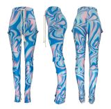 Double-faced Fleece Printed Multi-pocket High Stretch Rope Overalls
