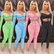 Sexy Solid Color Breast Wrap Long Sleeve Pleated Two-Piece Set