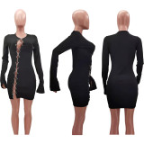 Solid Color Women Cross Lacing Long Sleeve Bodycon Dress