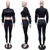 Solid Color Stacked Sleeves Zip Crop Top Leggings 2 Piece Outfit