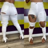 Elastic Cloth White Knee Hole Rippen Split Trouser Leg Jeans