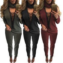 Sexy V-neck Hollowed-out Band Top Pencil Pant Two-piece Set