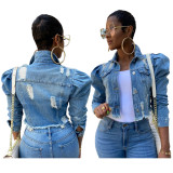 Fashionable Slim Bubble Sleeves Short Jean Jacket