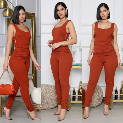 Solid Colored Side Lacing Sleeveless Pleated Bodycon Jumpsuit