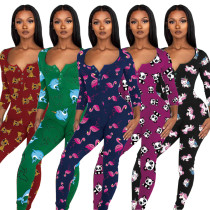 Sexy Women's Cartoon Print Buttoned Flap Long Sleeve Jumpsuit