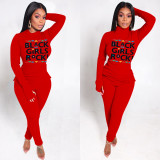 Print Women Long Sleeve T-shirt Pants Two Piece Set Fitness Outfit