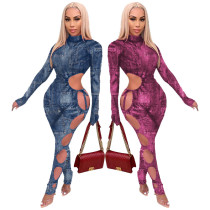 Womens Imitation Denim Printing Turtleneck Hollow Out Jumpsuit