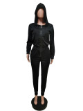 Casual Solid-color Long Sleeve Hooded Zipper Jumpsuit