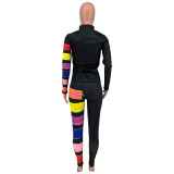 Turtleneck Long Sleeve Color Stripes Print T-shirt Leggings Suit