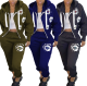 Winter Printed Zipper Hooded Loose Jacket Sweatpants Outfit