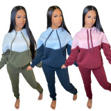 Winter Color Patchwork Long Sleeve Hoodie Pants Matching Set