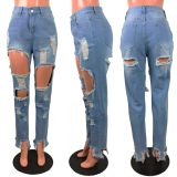Autumn Women Scratched Ripped Mid-waist Slimming Jeans