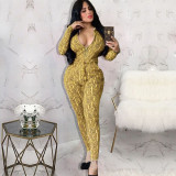 Fashion Printed Long-sleeved Collect Waist Skinny Zipper Jumpsuit