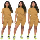 Solid Color Round Neck Short Sleeves Leisure Two Pieces Set