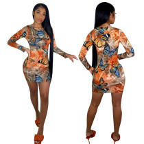 Women's Butterfly Print Long Sleeves Pencil Party Mini Dresses