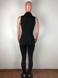Sexy Solid Color Pit Strip Sleeveless Front Zipper Jumpsuit