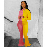 High Elastic Color Matching Hoodie Bell-bottom Pants Suit