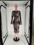 Stylish Flared Sleeve Digital Print Round Neck Skinny Dress