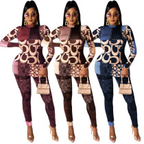Fashion Printed Turtleneck Long Sleeve Top Leggings Two-piece Suit