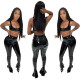 Black PU Leather Sleeveless Crop Top Pants Two Piece Set