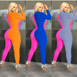 XS Stylish Contrast Color Long Sleeves Zip-up Sport Jumpsuit
