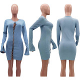 Solid Color Women Cross Lacing Long Sleeve Bodycon Dress