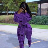 Letter Newspaper Printed Long Sleeve Tops Jogger Pants Suit