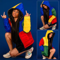 Colorful Contrast Color Long-sleeved Hooded Cotton-padded Coat