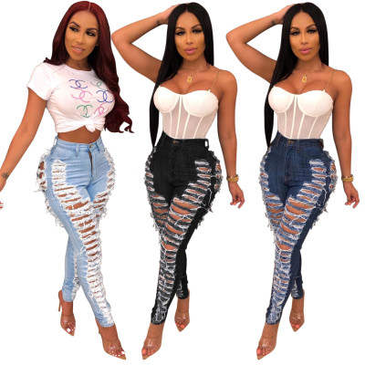 Women High Waist Washed Ripped Skinny Denim Jeans